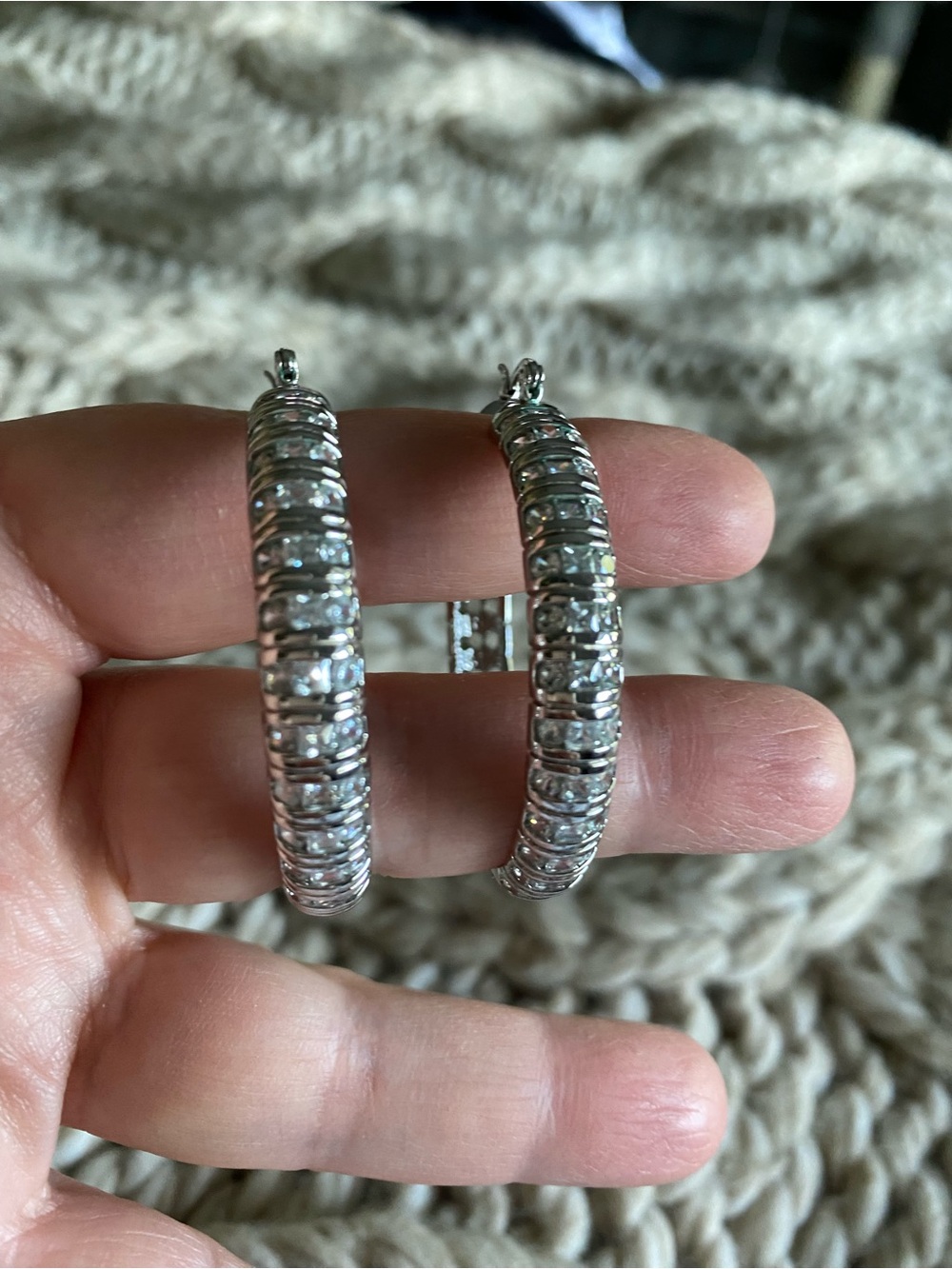 Real Collectibles by Adrienne Silver Hoop Earrings with Clear Crystals
